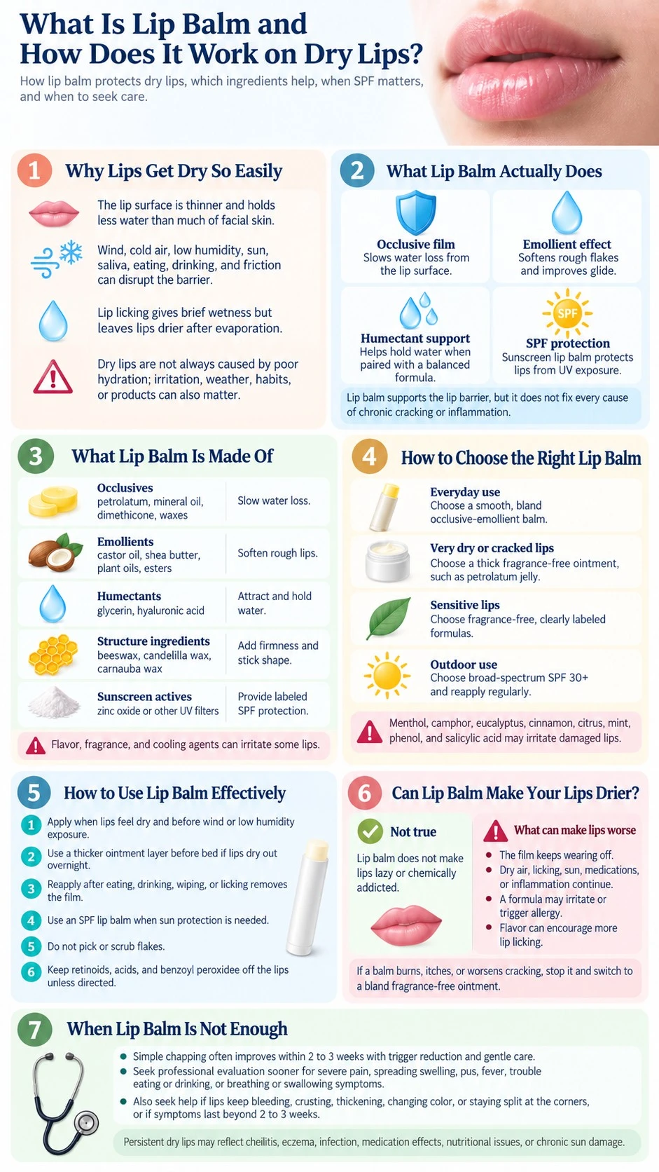 What Is Lip Balm and How Does It Work on Dry Lips infographic covering ingredients dry lips SPF and warnings - Zicail Beauty What Is Lip Balm and How Does It Work on Dry Lips infographic covering ingredients dry lips SPF and warnings - What Is Lip Balm and How Does It Work on Dry Lips?