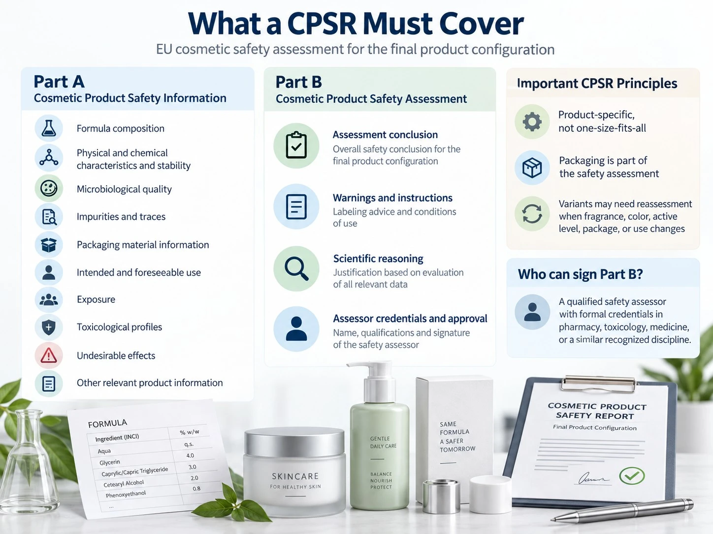 What a CPSR Must Cover illustration showing Part A Part B packaging safety assessor and final product configuration - Zicail Beauty What a CPSR Must Cover illustration showing Part A Part B packaging safety assessor and final product configuration - EU Cosmetics Compliance: CPSR, PIF, CPNP and RP