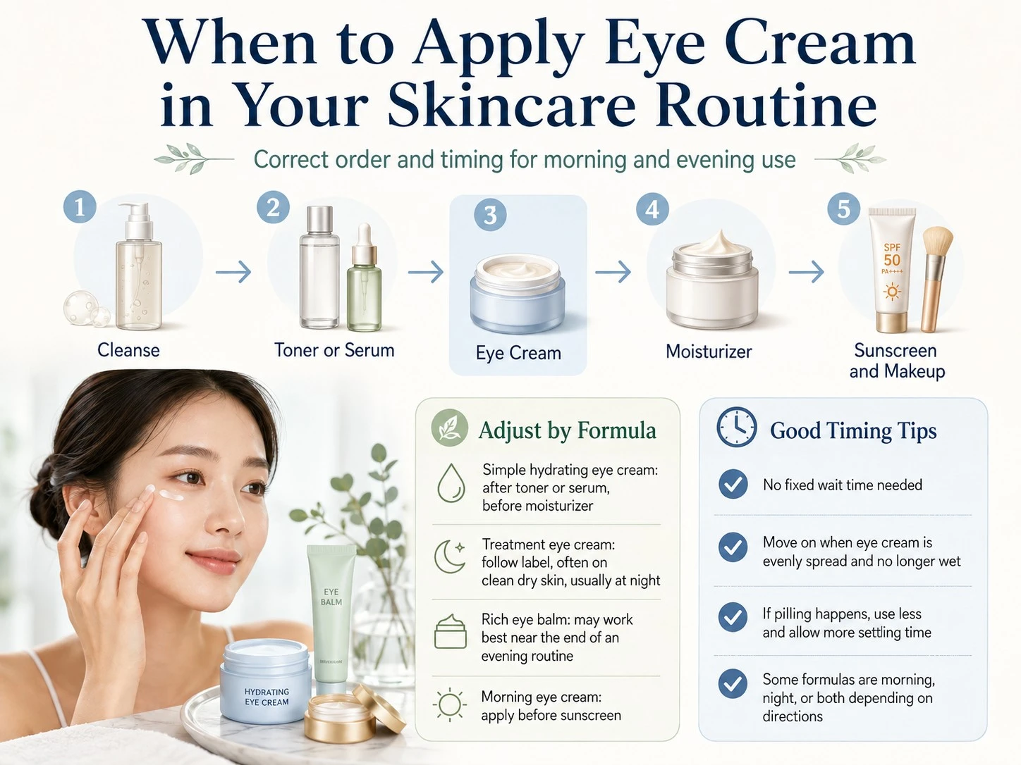 When to Apply Eye Cream in Your Skincare Routine illustration showing cleanser serum eye cream moisturizer sunscreen and makeup - Zicail Beauty When to Apply Eye Cream in Your Skincare Routine illustration showing cleanser serum eye cream moisturizer sunscreen and makeup - How to Apply Eye Cream: Correct Amount, Order, and Timing
