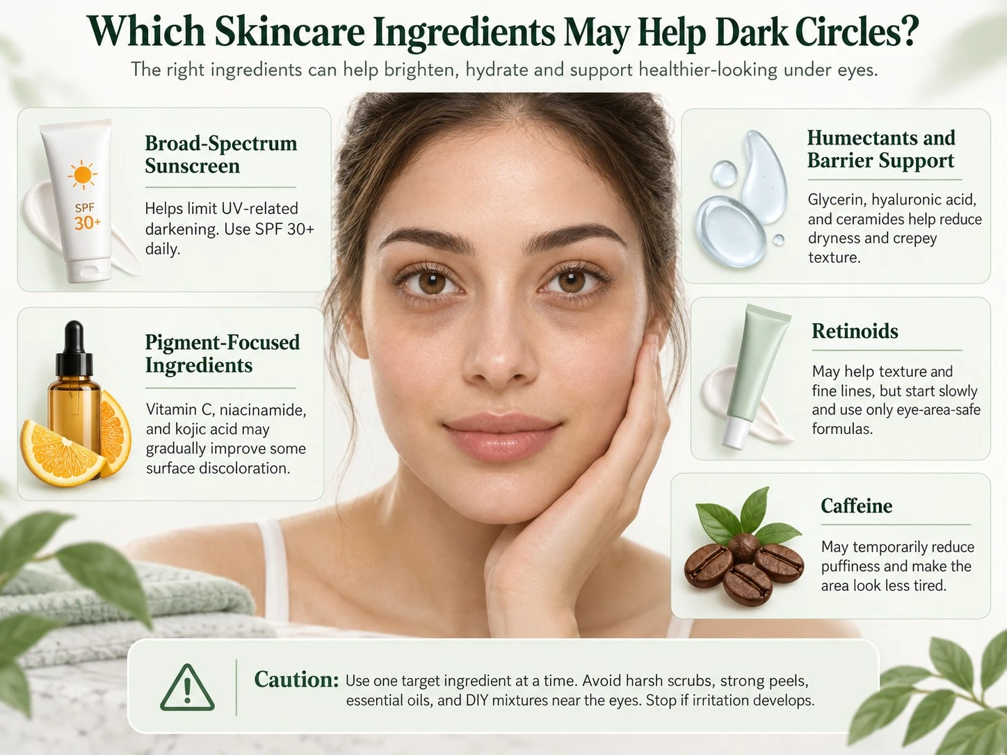 Which Skincare Ingredients May Help Dark Circles illustration showing sunscreen humectants brighteners retinoids and caffeine - Zicail Beauty Which Skincare Ingredients May Help Dark Circles illustration showing sunscreen humectants brighteners retinoids and caffeine - Dark Circles Under Eyes: Causes and What Skincare Can Do