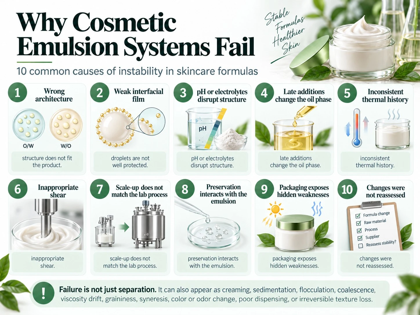 Why Cosmetic Emulsion Systems Fail 10 common instability causes illustration - Zicail Beauty Why Cosmetic Emulsion Systems Fail 10 common instability causes illustration - Cosmetic Emulsifiers: Types and Brand Selection Guide