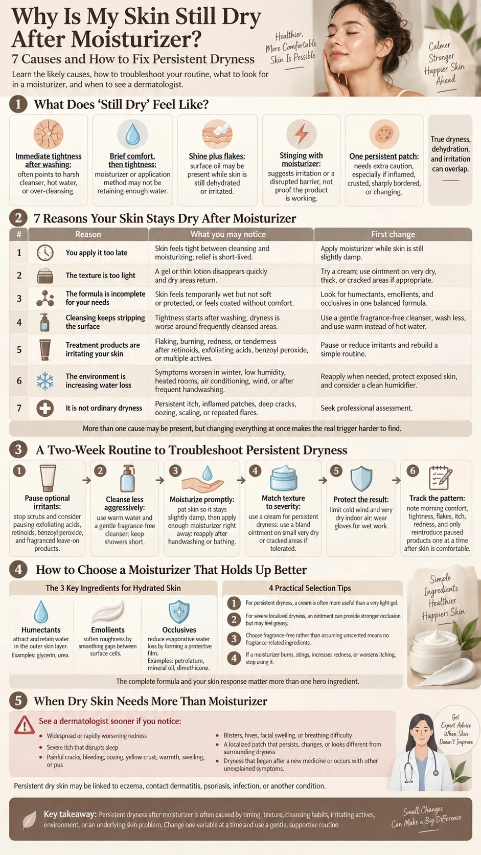 Why Is My Skin Still Dry After Moisturizer 7 Causes infographic on dryness triggers routines and moisturizer selection - Zicail Beauty Why Is My Skin Still Dry After Moisturizer 7 Causes infographic on dryness triggers routines and moisturizer selection - Why Is My Skin Still Dry After Moisturizer? 7 Causes