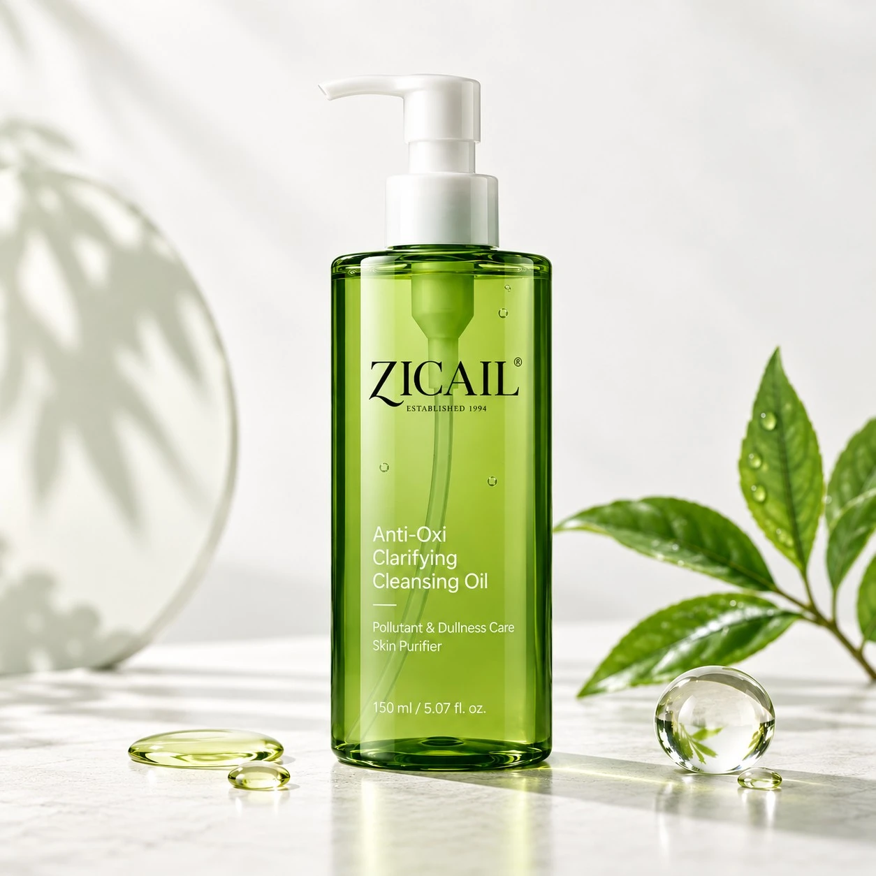 ZICAIL antioxidant clarifying cleansing oil in a green pump bottle for private label skincare