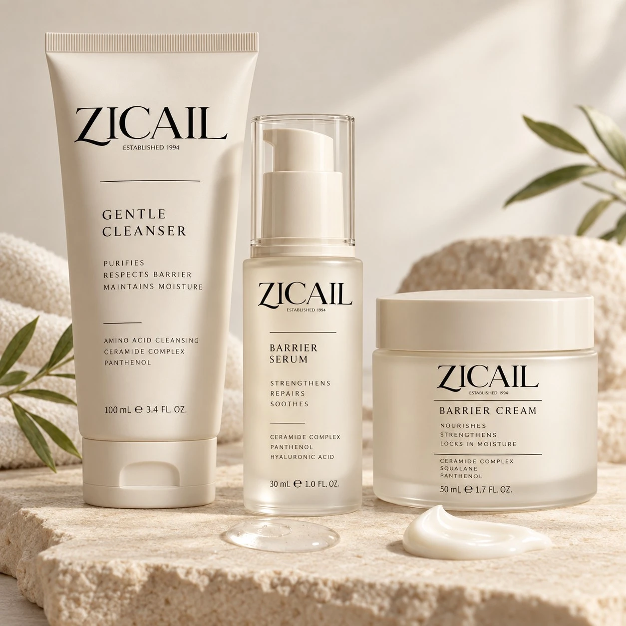 ZICAIL barrier support skincare set with gentle cleanser serum and barrier cream