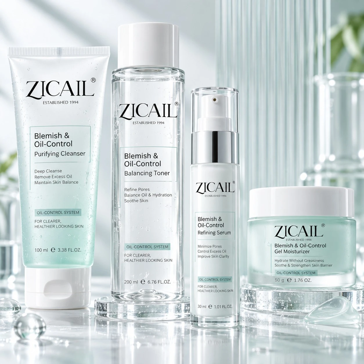 ZICAIL blemish and oil control skincare set with cleanser toner serum and gel moisturizer
