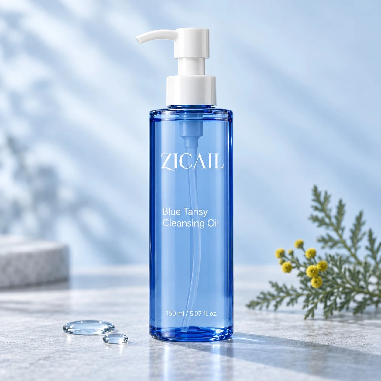 ZICAIL blue tansy cleansing oil in a blue pump bottle for private label skincare