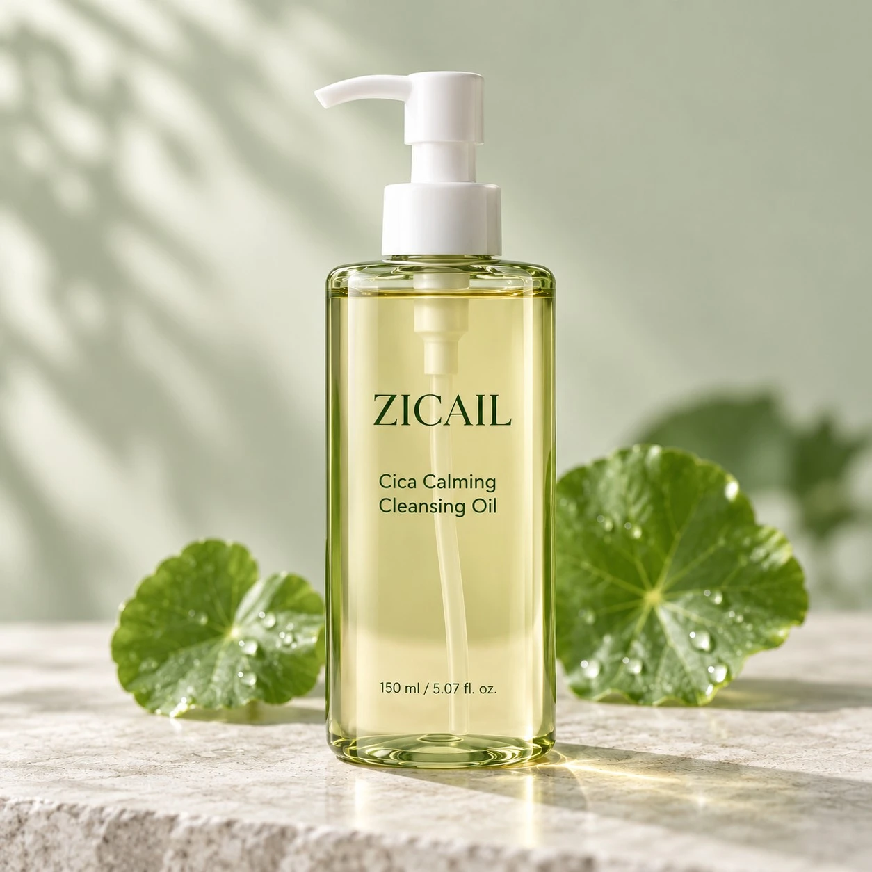 ZICAIL cica calming cleansing oil in a pale green pump bottle for private label skincare