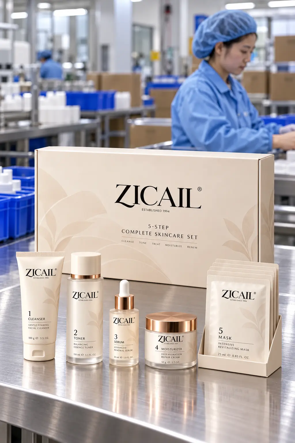 ZICAIL five-step private label skincare set in the company packaging workshop