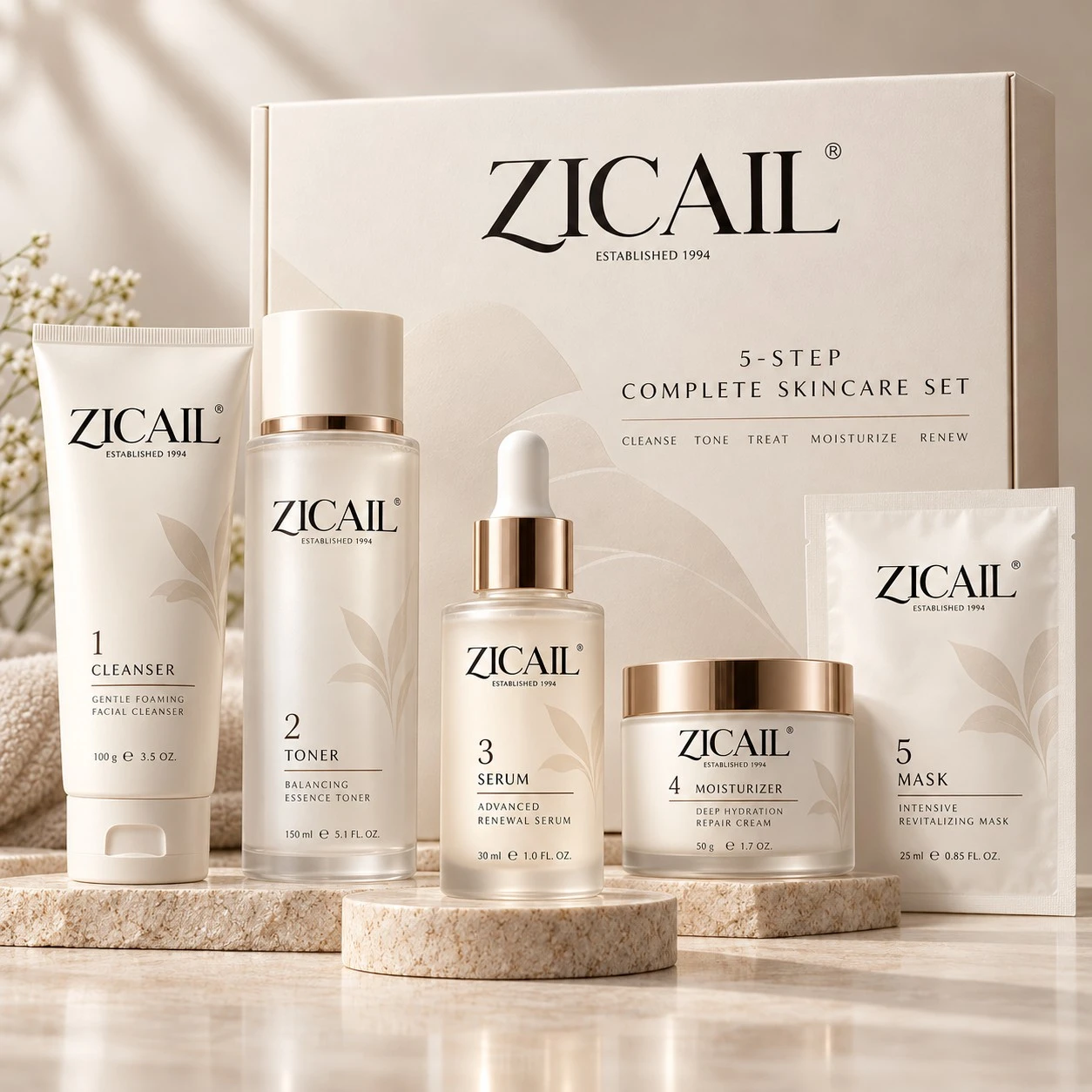 ZICAIL five-step private label skincare set with cleanser toner serum moisturizer and mask