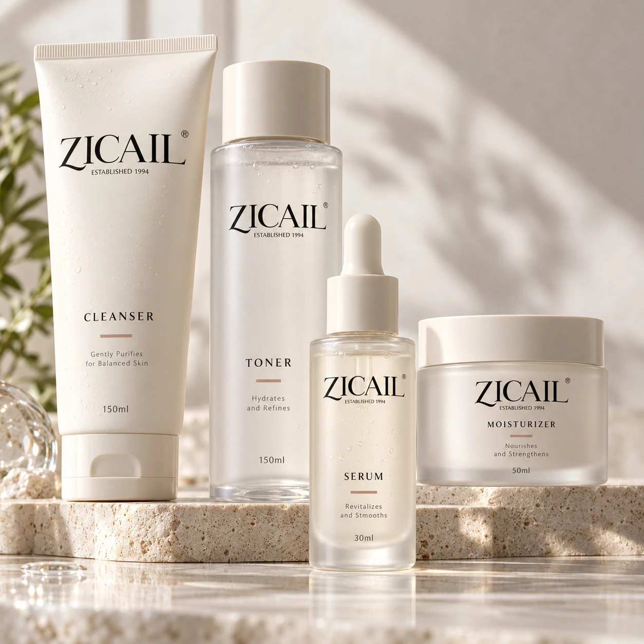 ZICAIL four-step private label skincare set with cleanser toner serum and moisturizer
