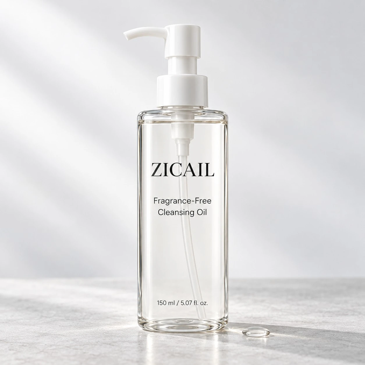 ZICAIL fragrance-free cleansing oil in a clear pump bottle for private label skincare