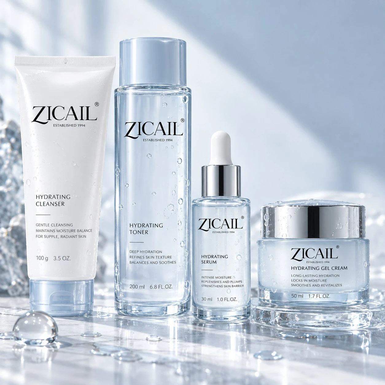 ZICAIL hydrating skincare set with cleanser toner serum and moisturizer for private label projects