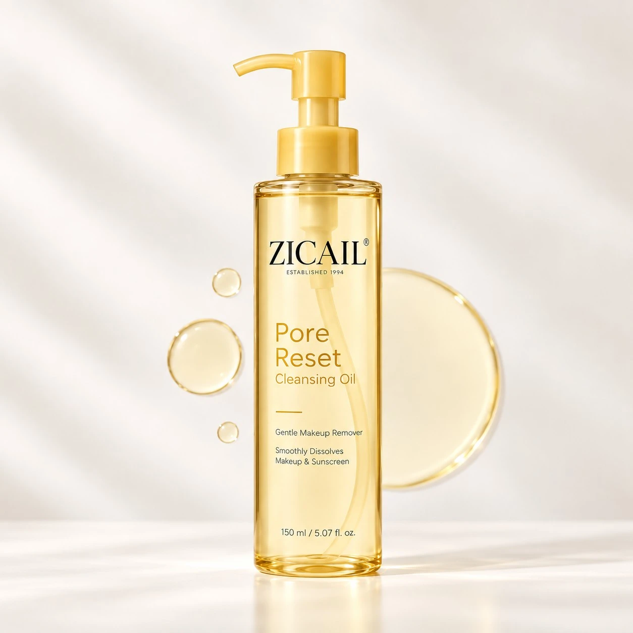ZICAIL pore reset cleansing oil in a clear golden pump bottle for private label skincare
