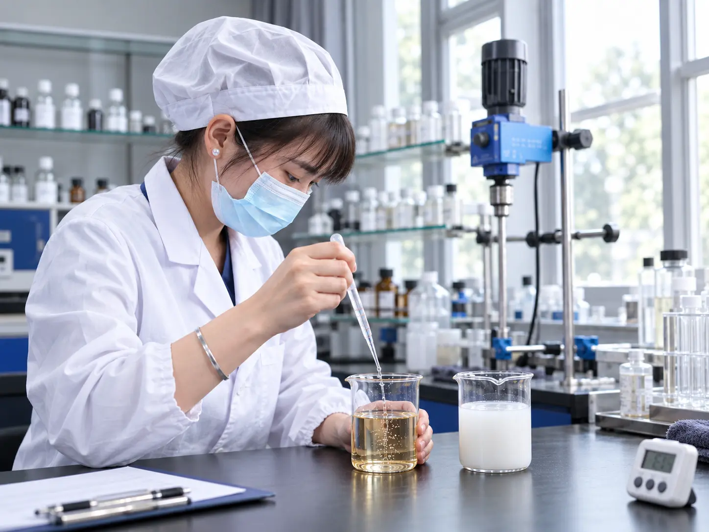 ZICAIL researcher evaluating cleansing oil emulsification and rinse-off performance