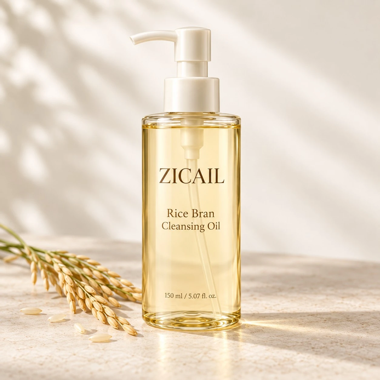 ZICAIL rice bran cleansing oil in a clear golden pump bottle for private label skincare