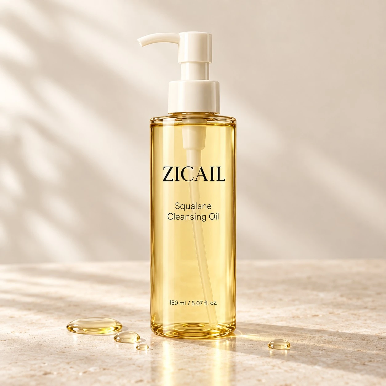 ZICAIL squalane cleansing oil in a clear amber pump bottle for private label skincare