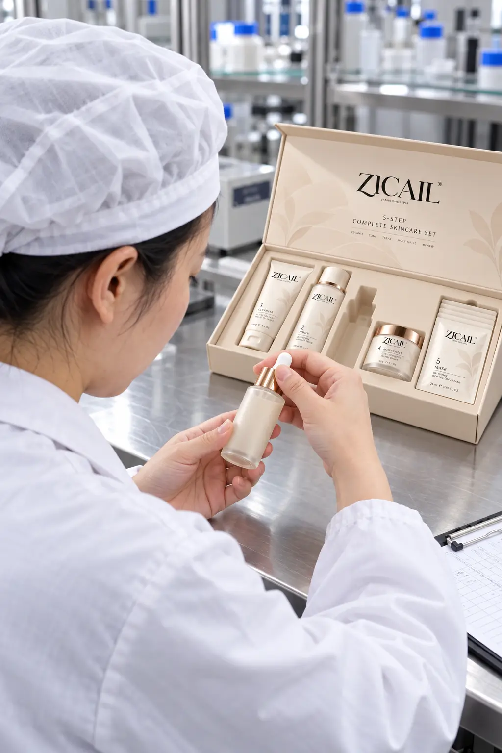 ZICAIL team checking packaging compatibility and insert fit for a private label skincare set