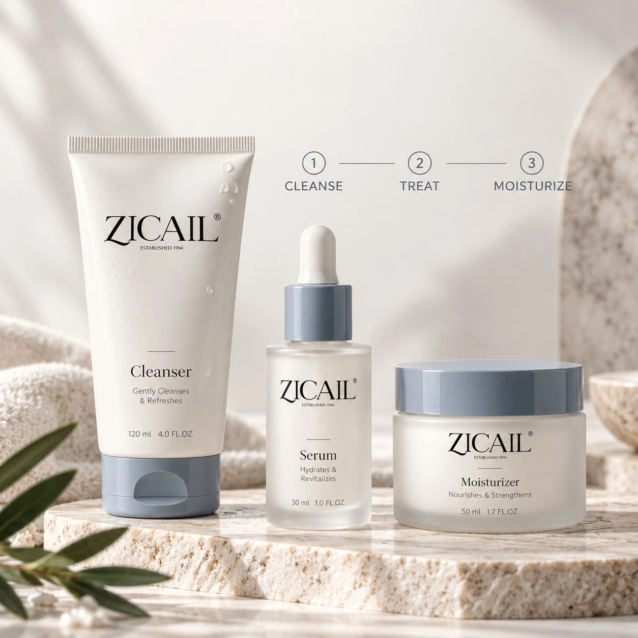 ZICAIL three-step private label skincare set with cleanser serum and moisturizer