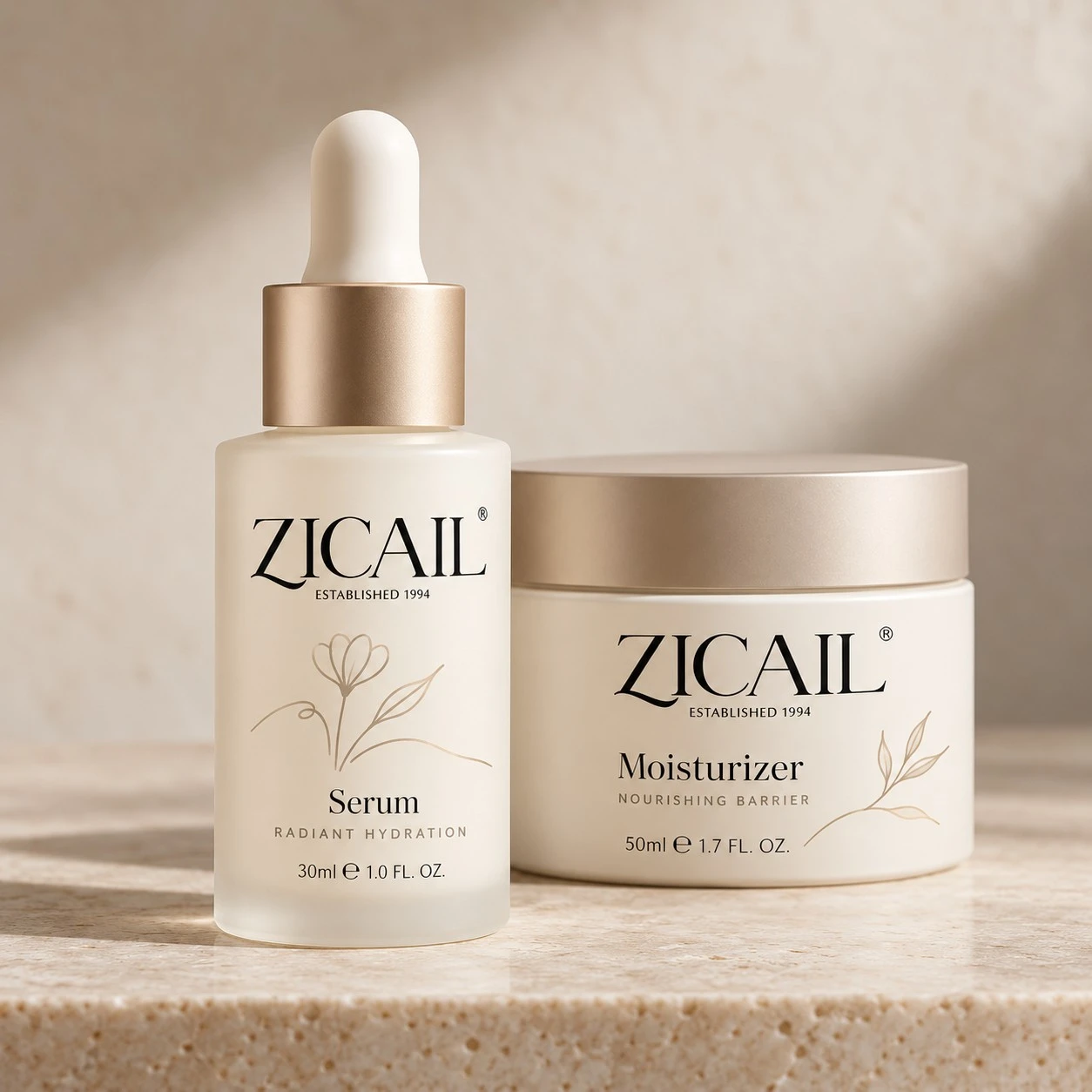 ZICAIL two-piece private label skincare set with serum and moisturizer