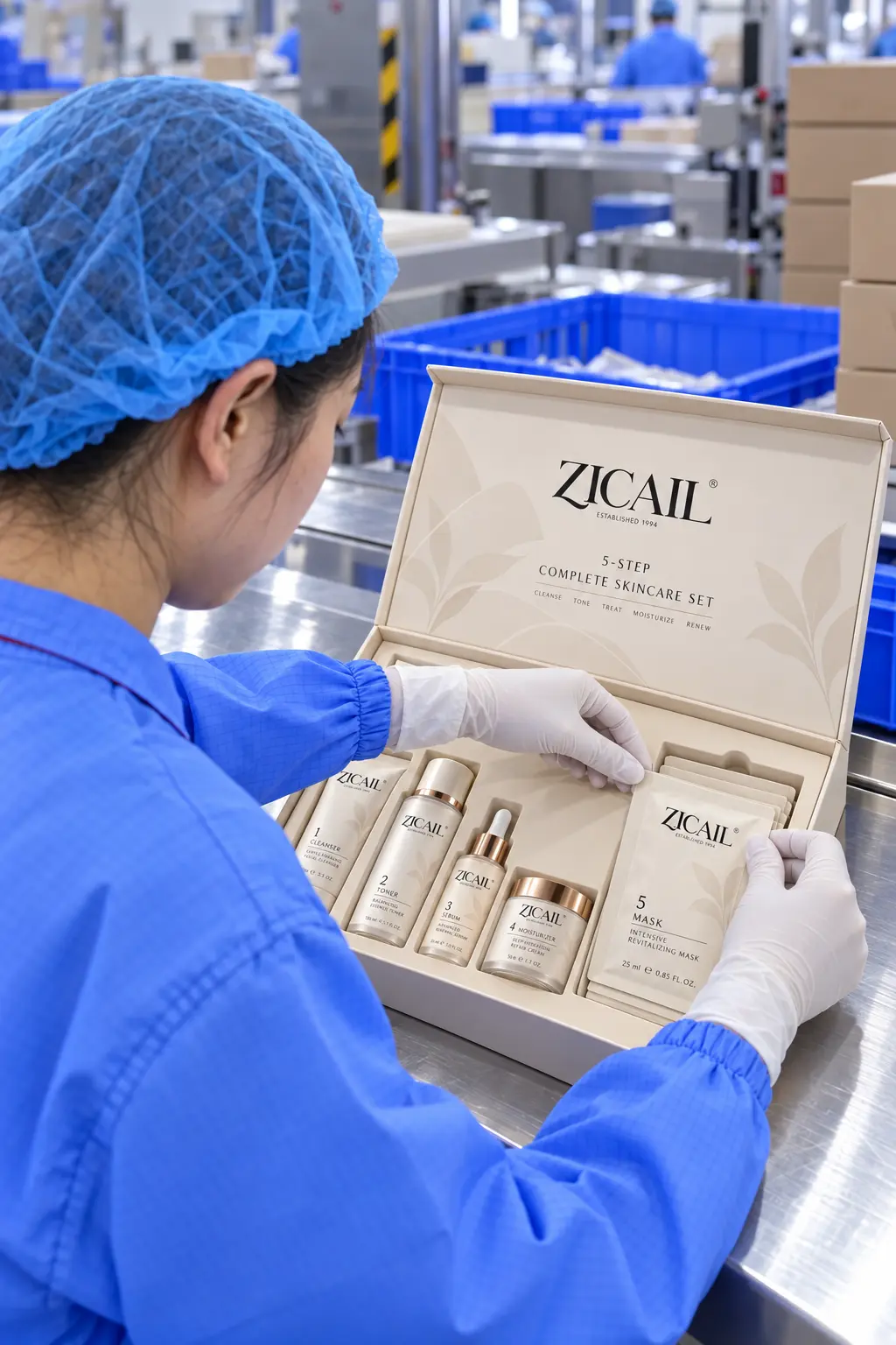 ZICAIL worker assembling and sealing a five-step private label skincare set