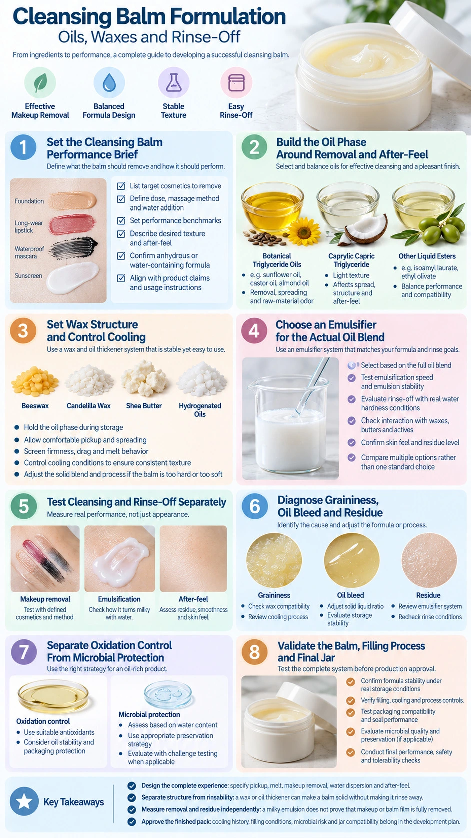 Cleansing Balm Formulation Oils Waxes and Rinse Off oil blends wax structure emulsifiers performance and stability infographic - Zicail Beauty Cleansing Balm Formulation Oils Waxes and Rinse Off oil blends wax structure emulsifiers performance and stability infographic - Cleansing Balm Formulation: Oils, Waxes and Rinse-Off