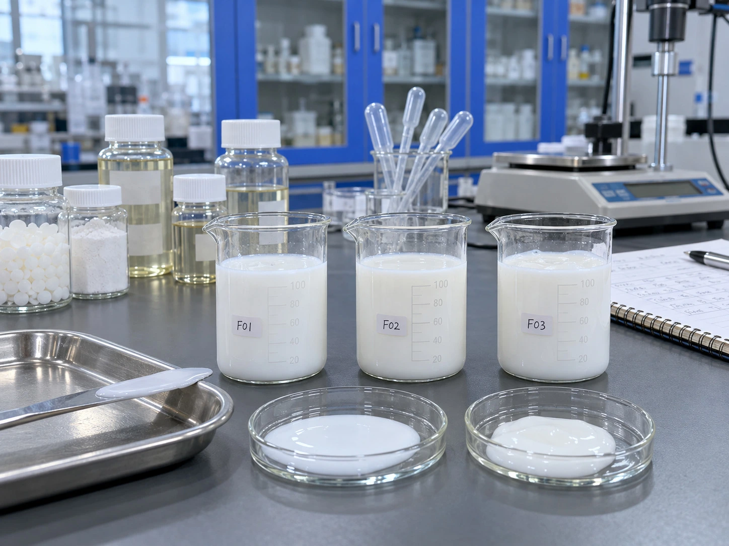 Ensayos de formulación a medida de leche limpiadora con materias primas y muestras de loción lechosa