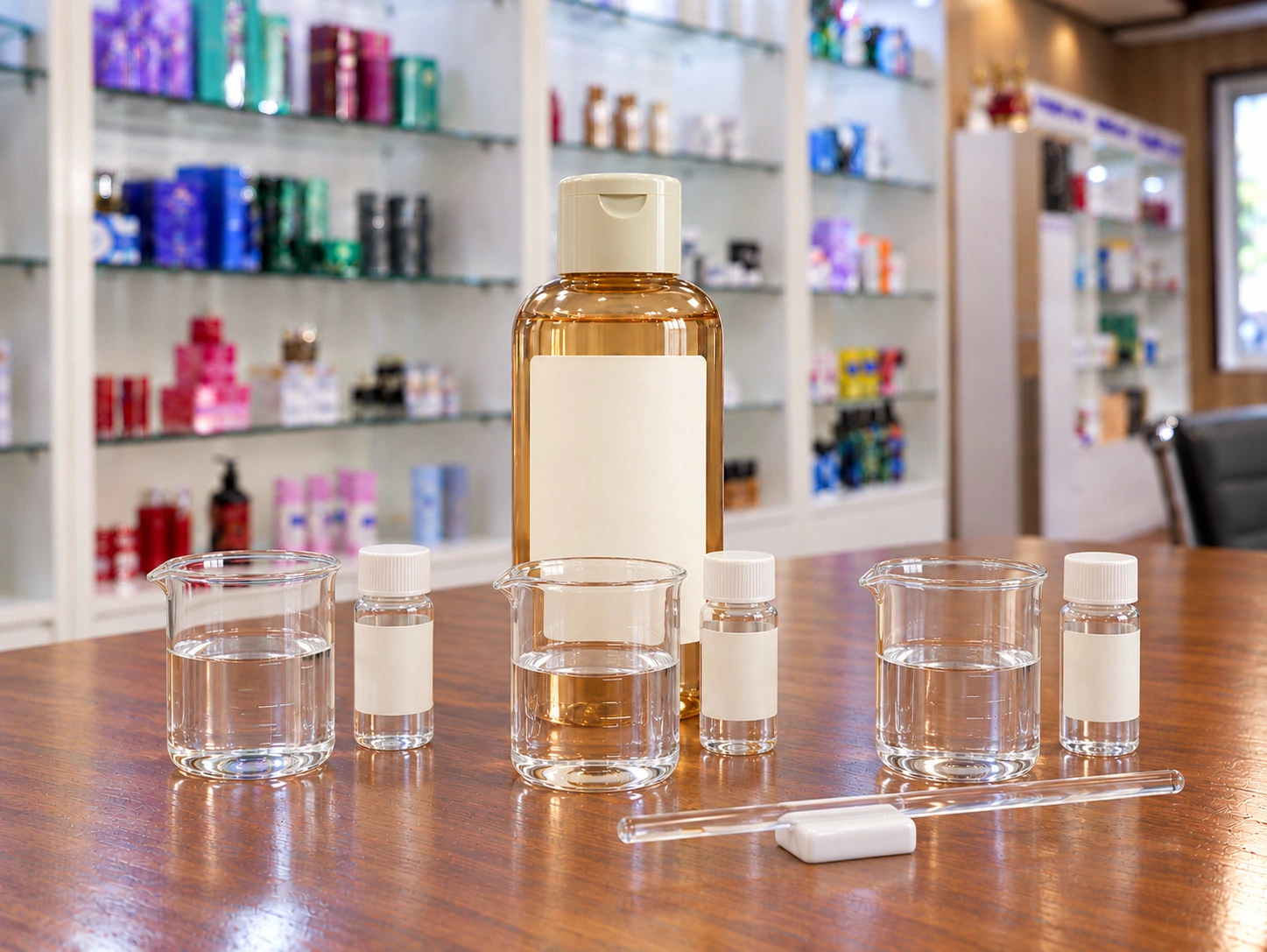 Custom exfoliating toner formulation trials with beakers and matching sample bottles