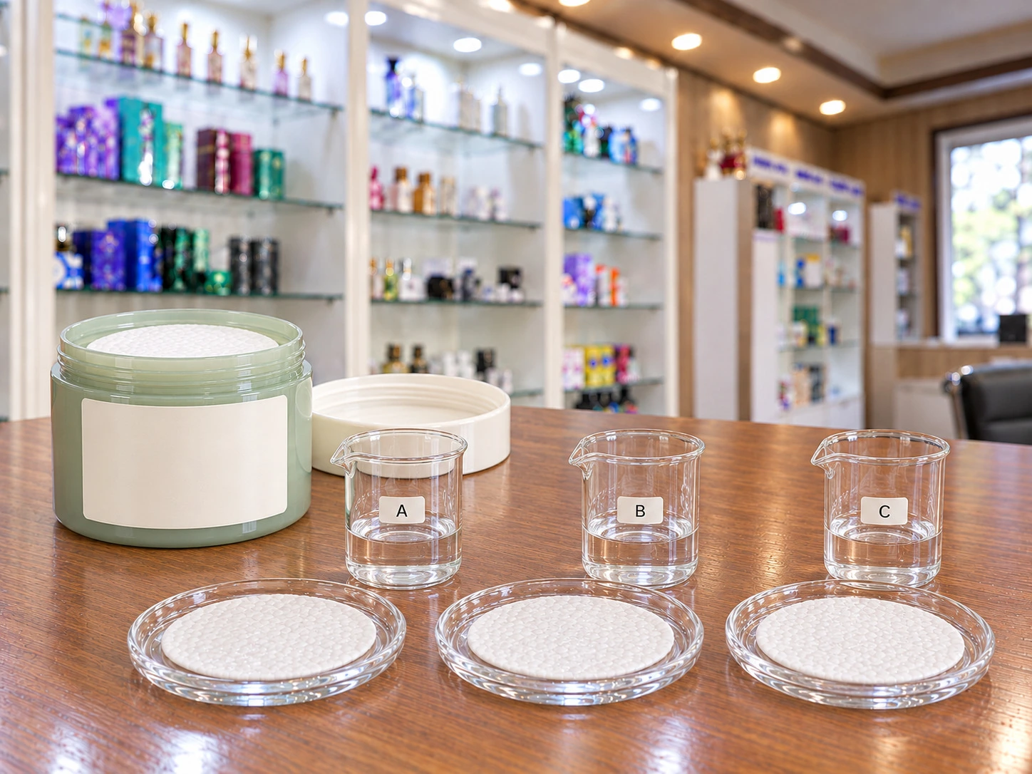 Custom toner pad formulation trials with paired essence beakers and pad samples