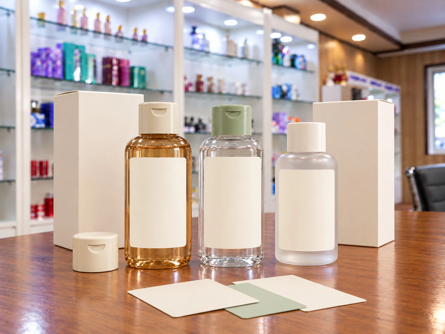 Exfoliating toner OEM and ODM packaging samples with bottles and matching cartons