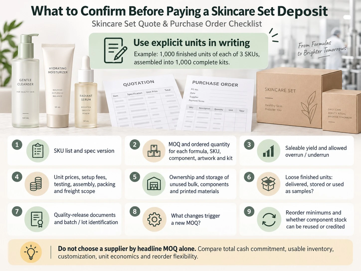 How to Get an Unambiguous Skincare Set Quote SKU quantities packaging surplus components and reorder terms guide - Zicail Beauty How to Get an Unambiguous Skincare Set Quote SKU quantities packaging surplus components and reorder terms guide - Skincare Set MOQ: Per Product or Per Complete Kit?