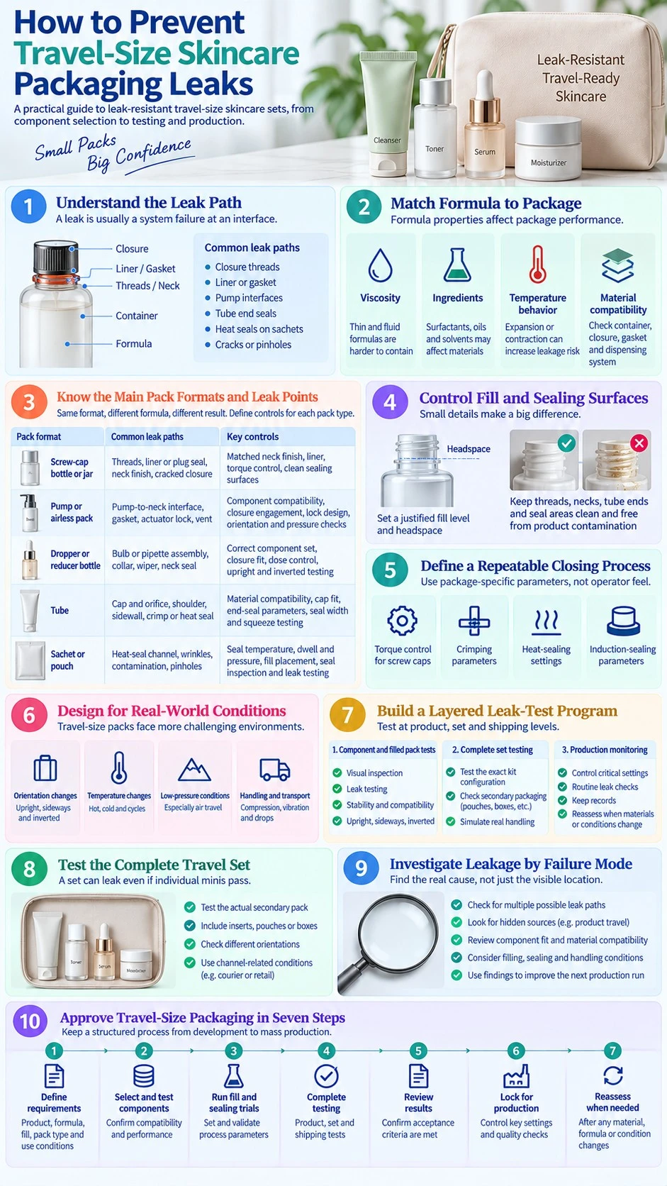 How to Prevent Travel Size Skincare Packaging Leaks leak paths sealing compatibility testing and production controls infographic - Zicail Beauty How to Prevent Travel Size Skincare Packaging Leaks leak paths sealing compatibility testing and production controls infographic - How to Prevent Travel-Size Skincare Packaging Leaks