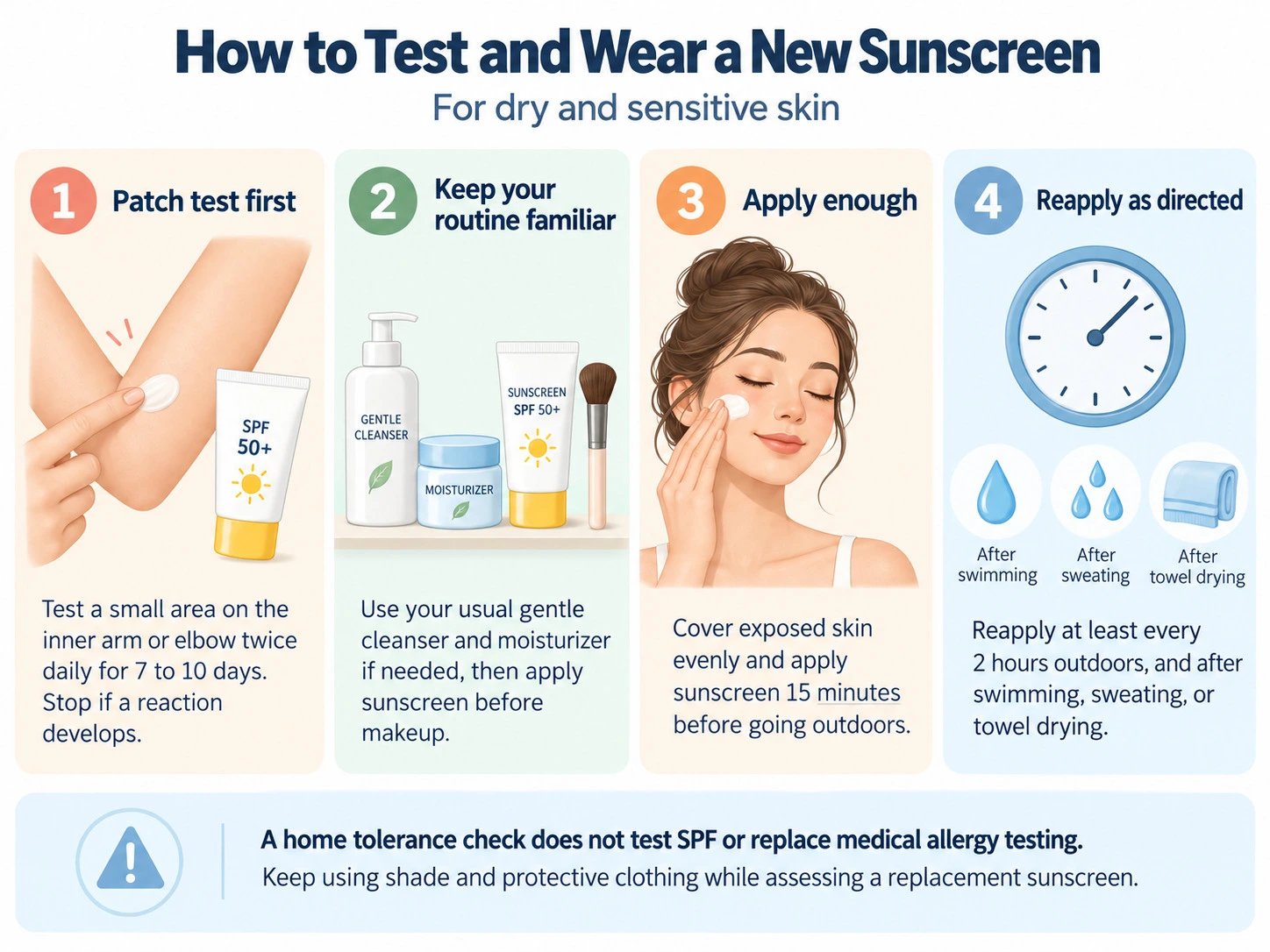 How to Test and Wear a New Sunscreen for Dry and Sensitive Skin patch testing application and reapplication guide - Zicail Beauty How to Test and Wear a New Sunscreen for Dry and Sensitive Skin patch testing application and reapplication guide - How to Choose Sunscreen for Dry and Sensitive Skin