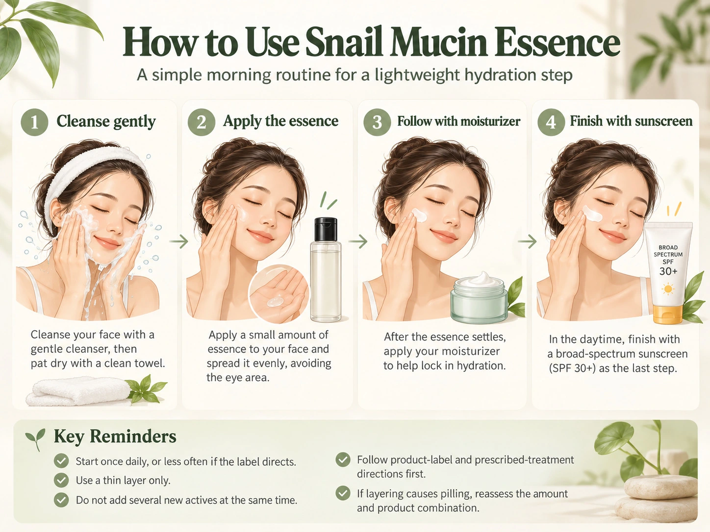 How to Use Snail Mucin Essence four step skincare routine with moisturizer and sunscreen - Zicail Beauty How to Use Snail Mucin Essence four step skincare routine with moisturizer and sunscreen - Snail Mucin for Skin: Benefits, Uses and Limitations