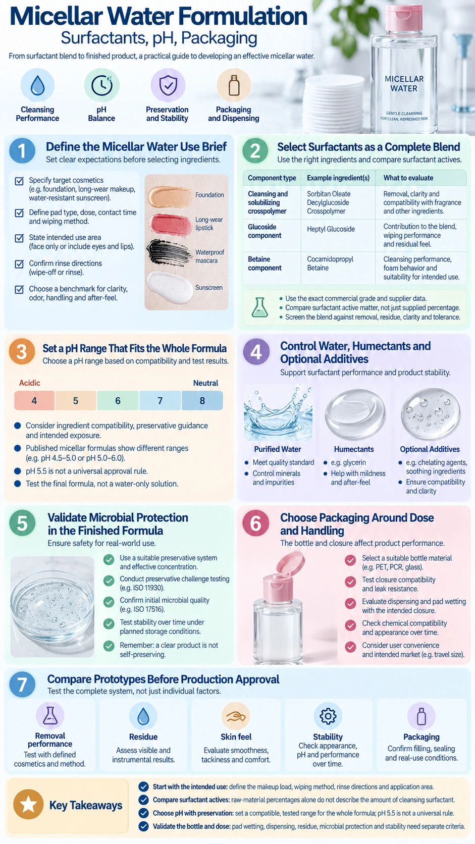 Micellar Water Formulation Surfactants pH Packaging cleansing performance microbial protection stability and dispensing infographic - Zicail Beauty Micellar Water Formulation Surfactants pH Packaging cleansing performance microbial protection stability and dispensing infographic - Micellar Water Formulation: Surfactants, pH, Packaging