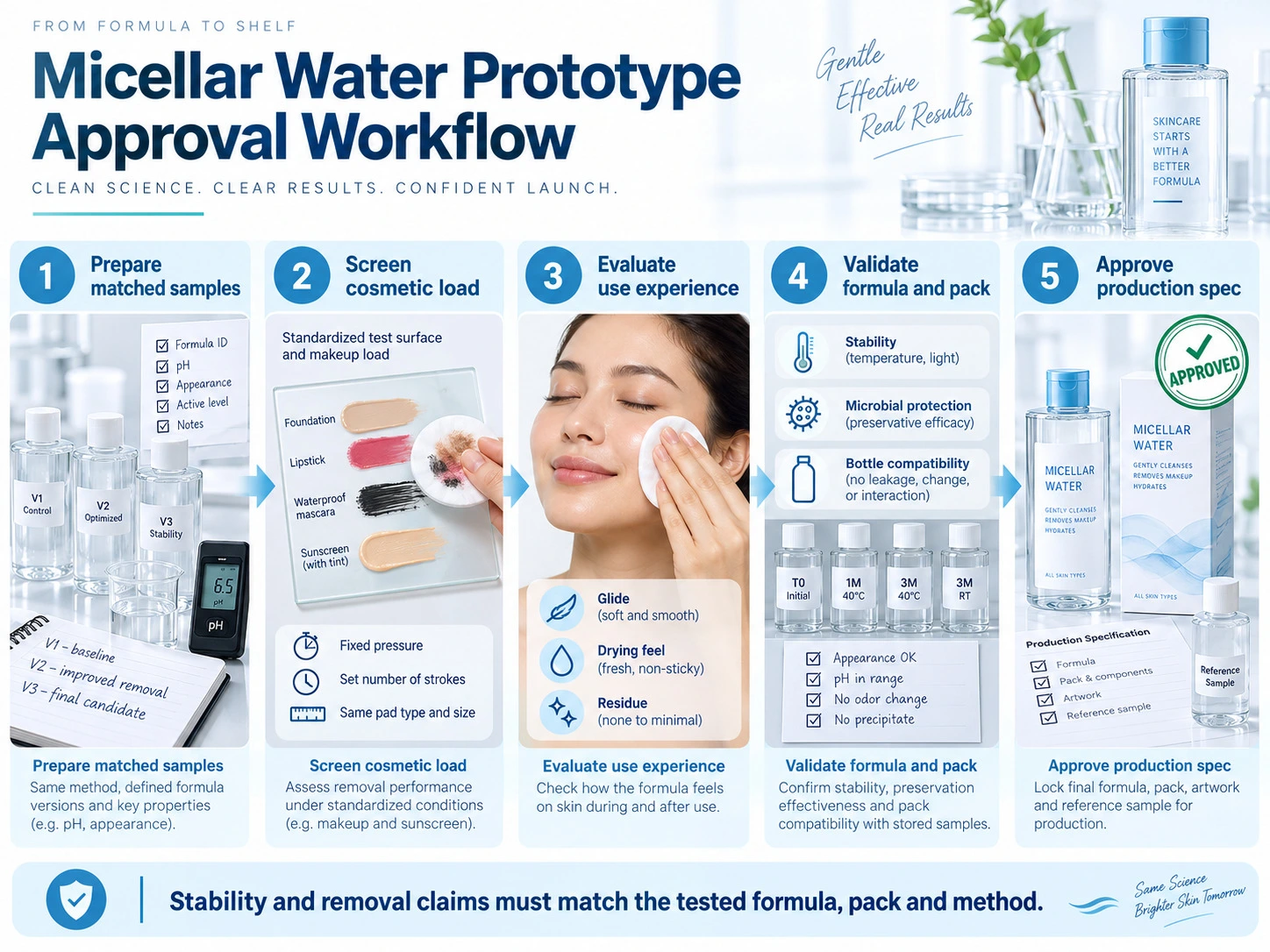 Micellar Water Prototype Approval Workflow five step guide to formulation testing packaging validation and production approval - Zicail Beauty Micellar Water Prototype Approval Workflow five step guide to formulation testing packaging validation and production approval - Micellar Water Formulation: Surfactants, pH, Packaging