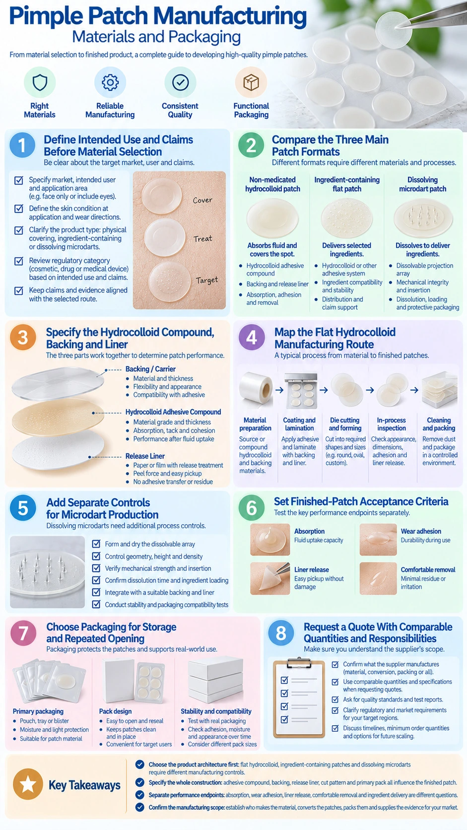 Pimple Patch Manufacturing Materials and Packaging hydrocolloid construction microdart production quality testing packaging and supplier requirements infographic - Zicail Beauty Pimple Patch Manufacturing Materials and Packaging hydrocolloid construction microdart production quality testing packaging and supplier requirements infographic - Pimple Patch Manufacturing: Materials and Packaging