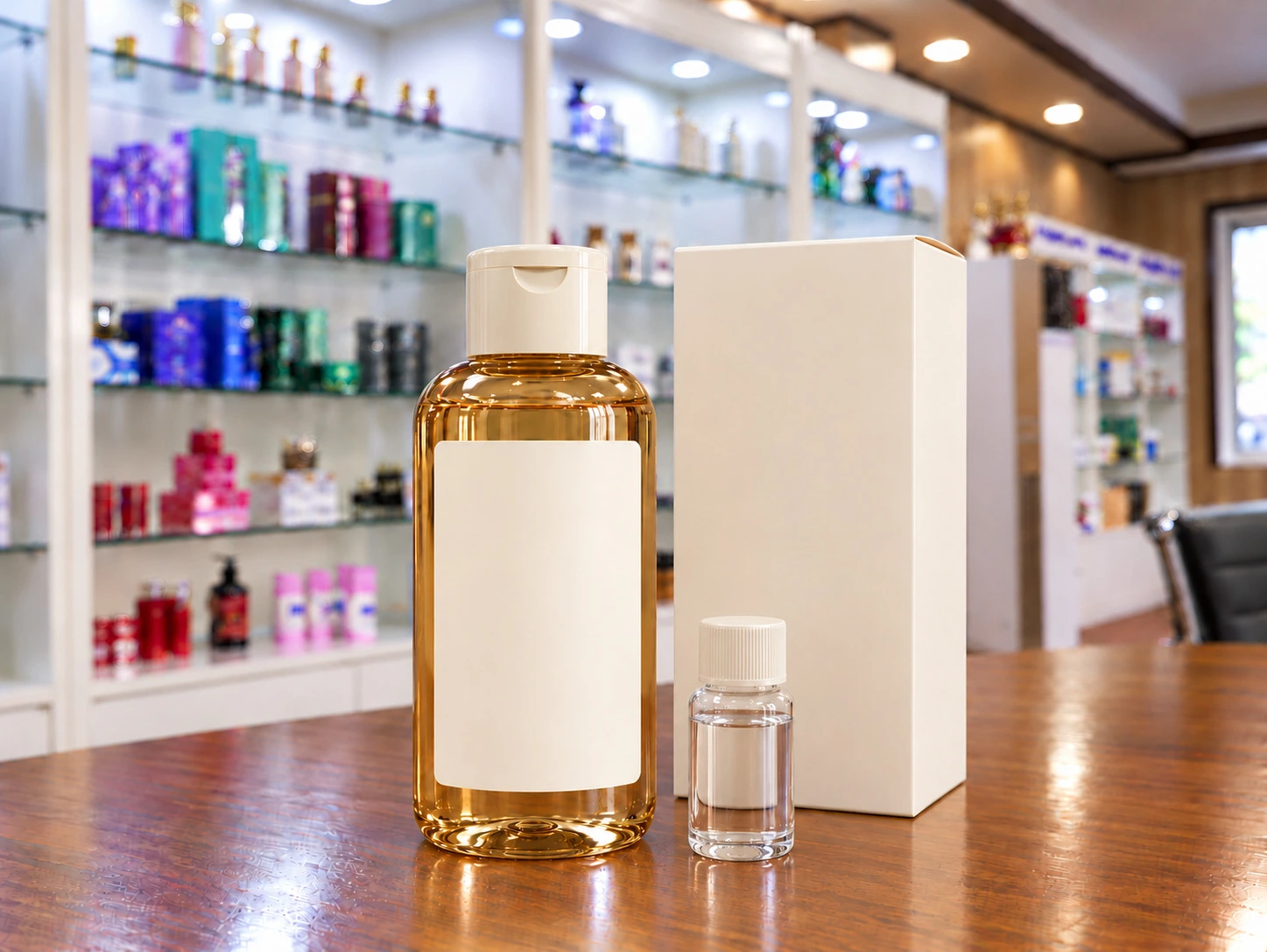 Private label exfoliating toner bottle with a trial sample and blank retail carton