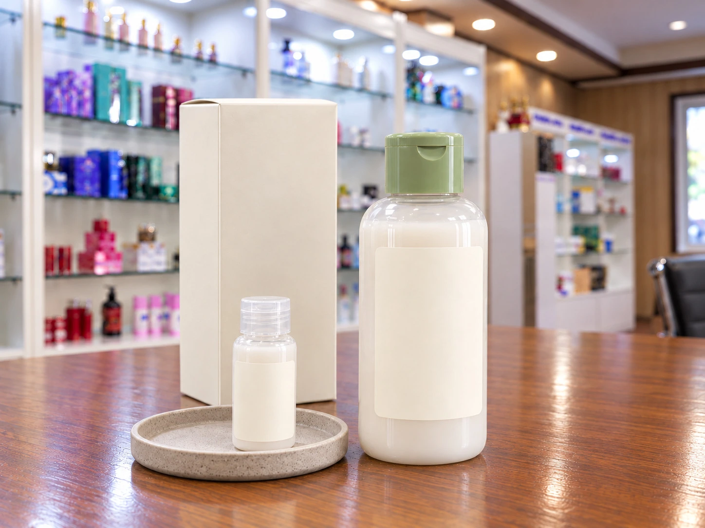 Private-Label-Milky-Toner-Flasche mit Testmuster und unbedruckter Verkaufsfaltschachtel