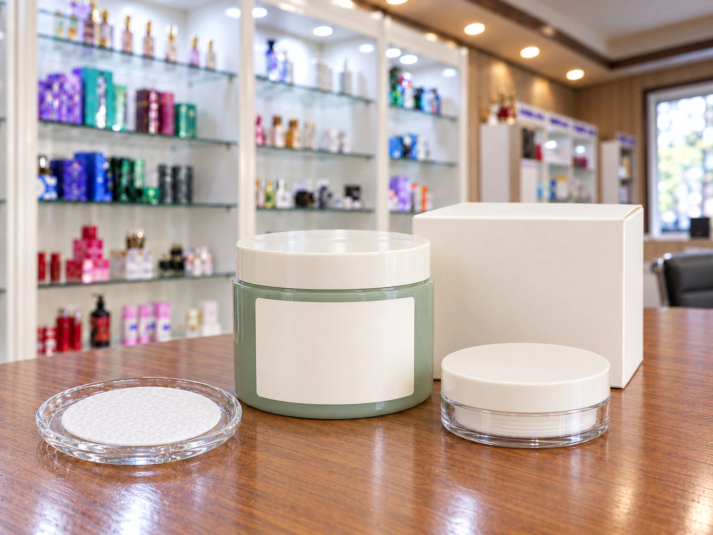 Private label toner pads with a full size jar trial sample and blank retail carton