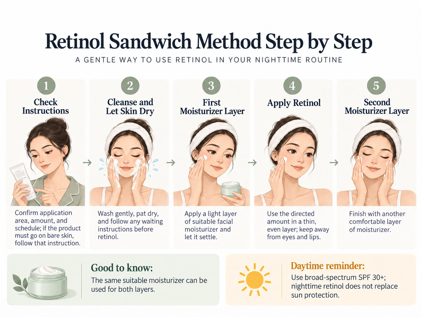 Retinol Sandwich Method Step by Step five step nighttime skincare guide with moisturizer layering and sun protection - Zicail Beauty Retinol Sandwich Method Step by Step five step nighttime skincare guide with moisturizer layering and sun protection - What Is the Retinol Sandwich Method? Steps and Limits