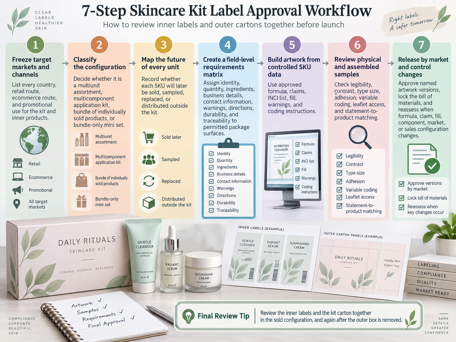 Seven Step Skincare Kit Label Approval Workflow inner labels outer cartons market review and artwork control guide - Zicail Beauty Seven Step Skincare Kit Label Approval Workflow inner labels outer cartons market review and artwork control guide - Does Every Skincare Kit Product Need Its Own Label?