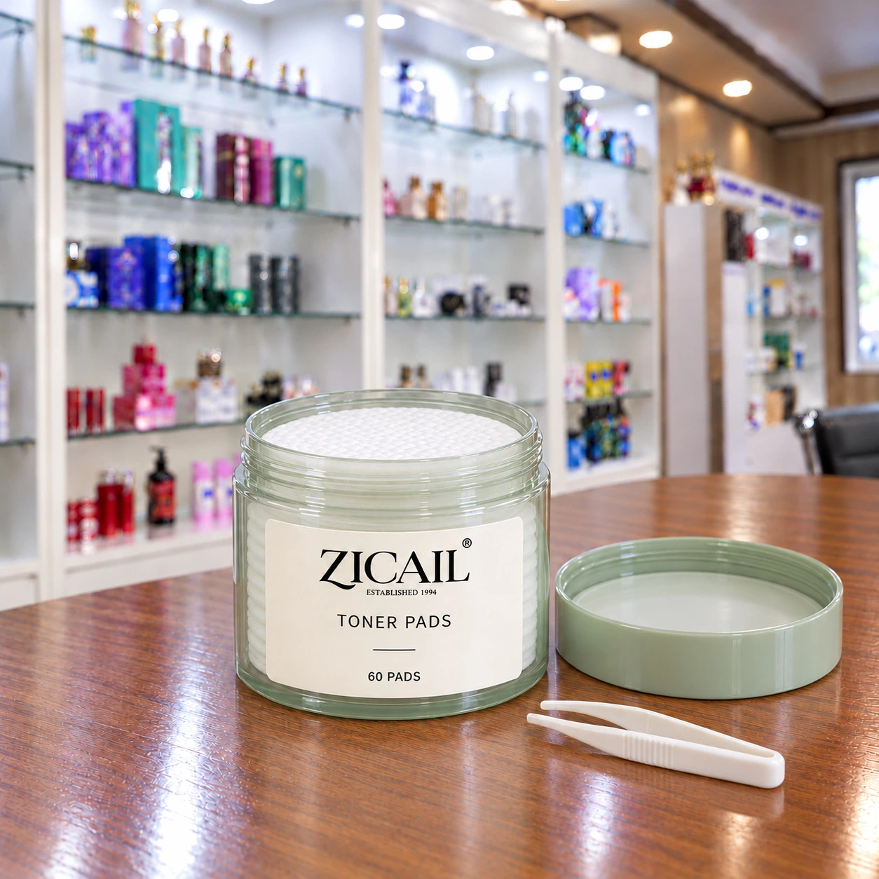 ZICAIL toner pads in a clear round jar with a sage green screw lid