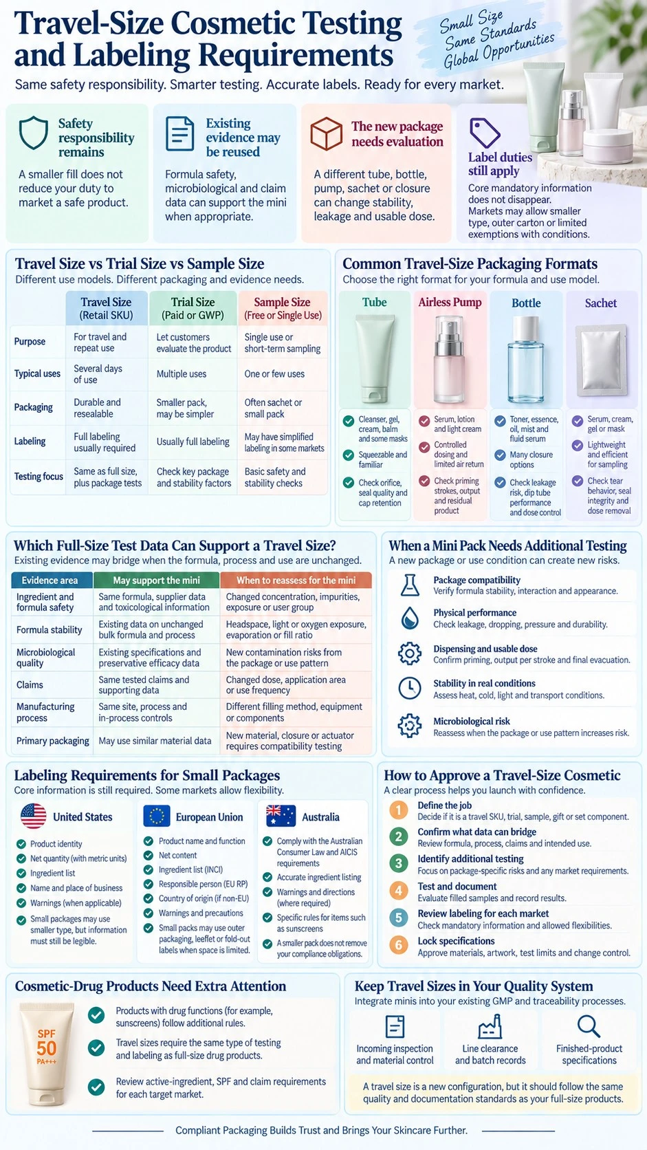Travel Size Cosmetic Testing and Labeling Requirements safety evidence packaging tests market rules and quality infographic - Zicail Beauty Travel Size Cosmetic Testing and Labeling Requirements safety evidence packaging tests market rules and quality infographic - Travel-Size Cosmetic Testing and Labeling Requirements