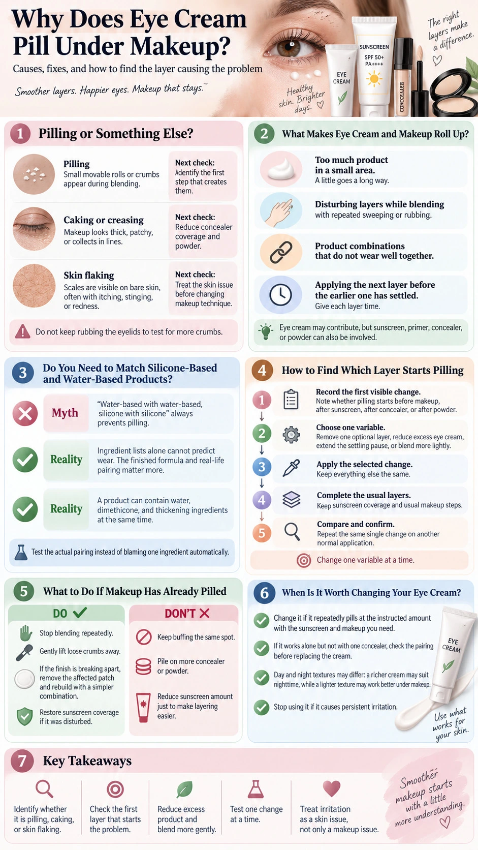 Why Does Eye Cream Pill Under Makeup Causes and Fixes pilling identification product layering troubleshooting and makeup application infographic - Zicail Beauty Why Does Eye Cream Pill Under Makeup Causes and Fixes pilling identification product layering troubleshooting and makeup application infographic - Why Does Eye Cream Pill Under Makeup? Causes and Fixes
