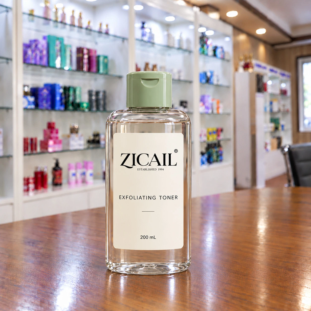 ZICAIL exfoliating toner in a clear rectangular bottle with a sage green flip cap