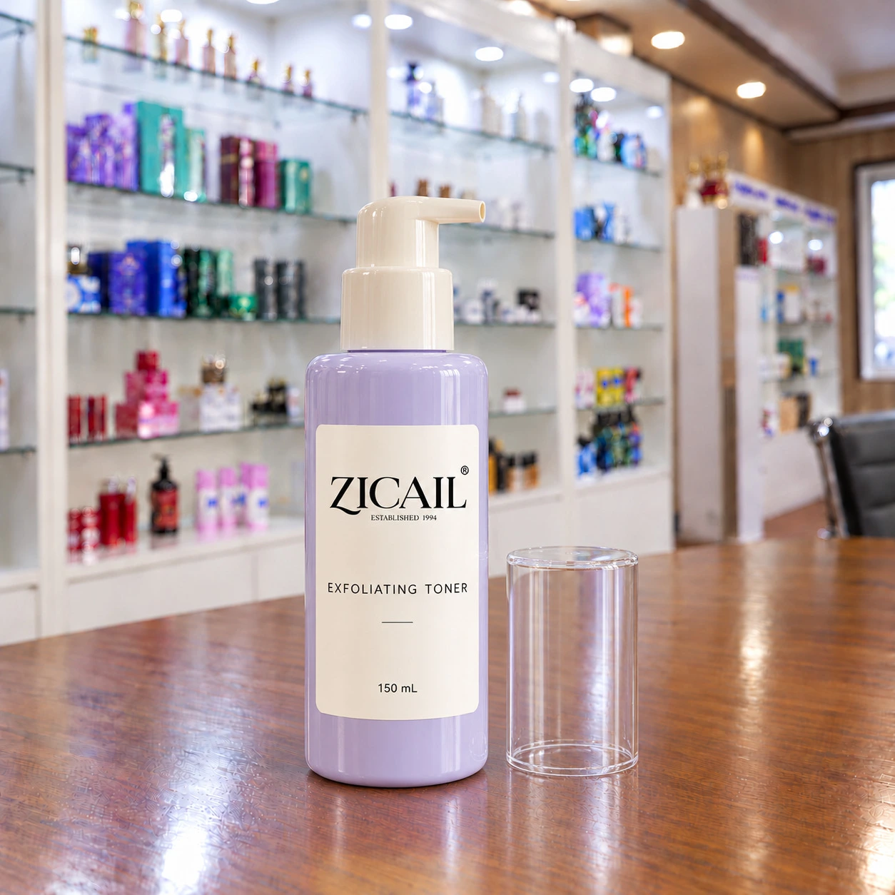 ZICAIL exfoliating toner in a pale lavender pump bottle with a separate clear cap