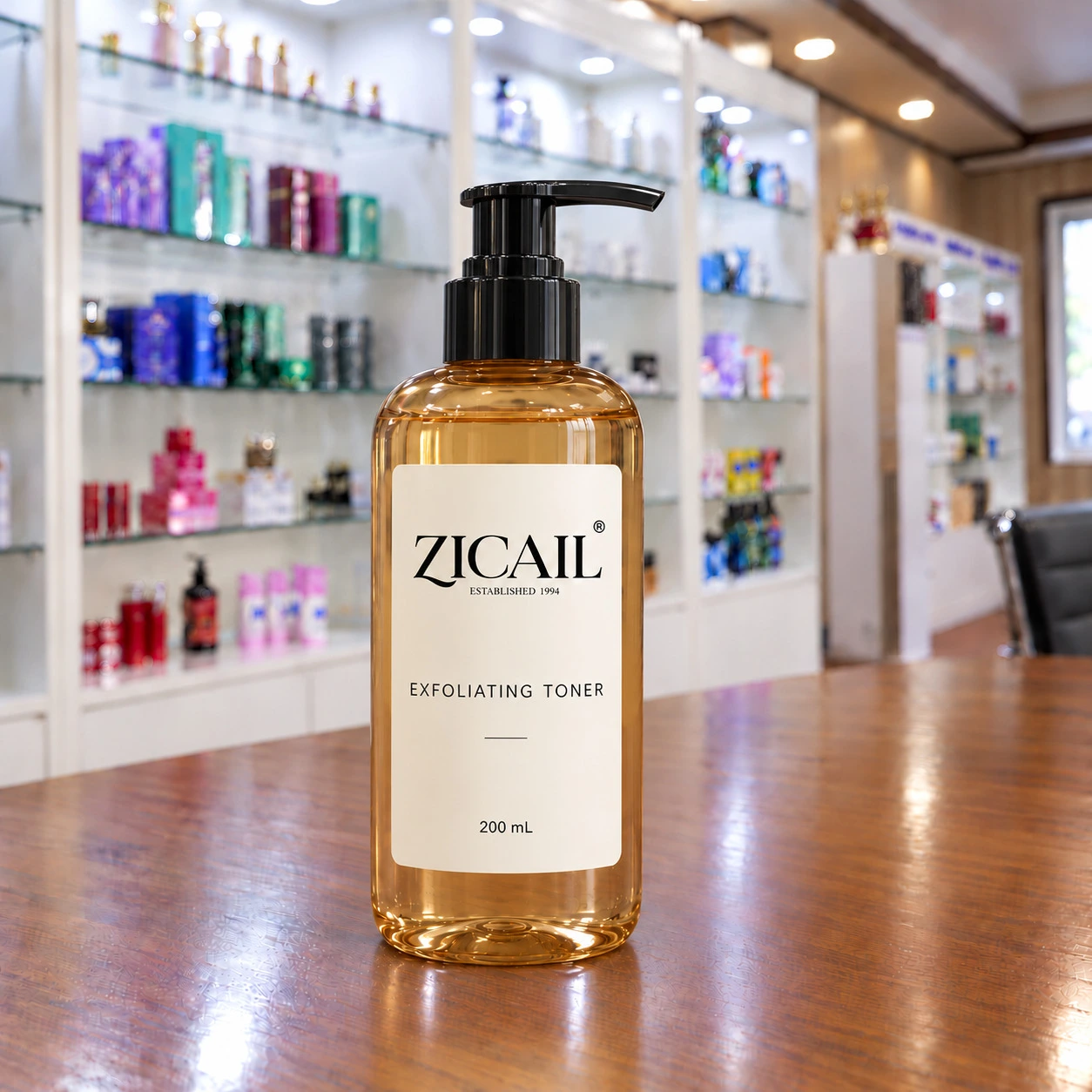ZICAIL exfoliating toner in an amber bottle with a black dispensing pump