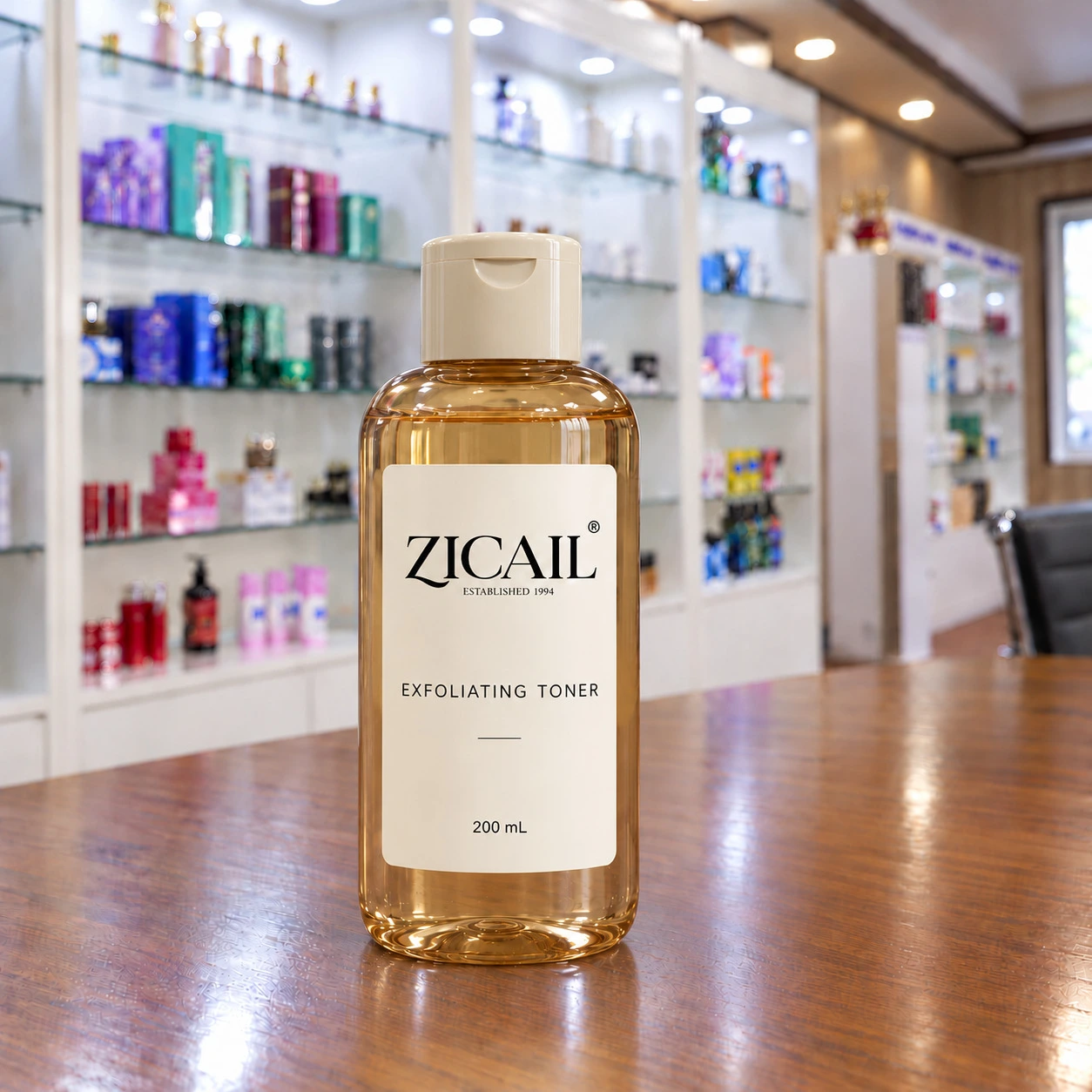 ZICAIL exfoliating toner in an amber round bottle with an ivory flip cap
