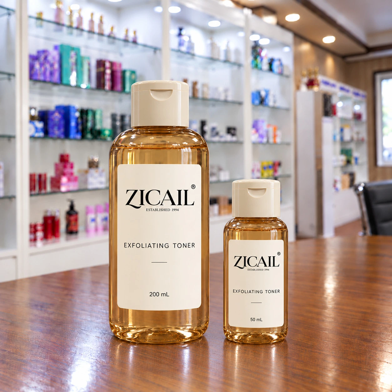 ZICAIL exfoliating toner in full size and travel bottles with ivory flip caps