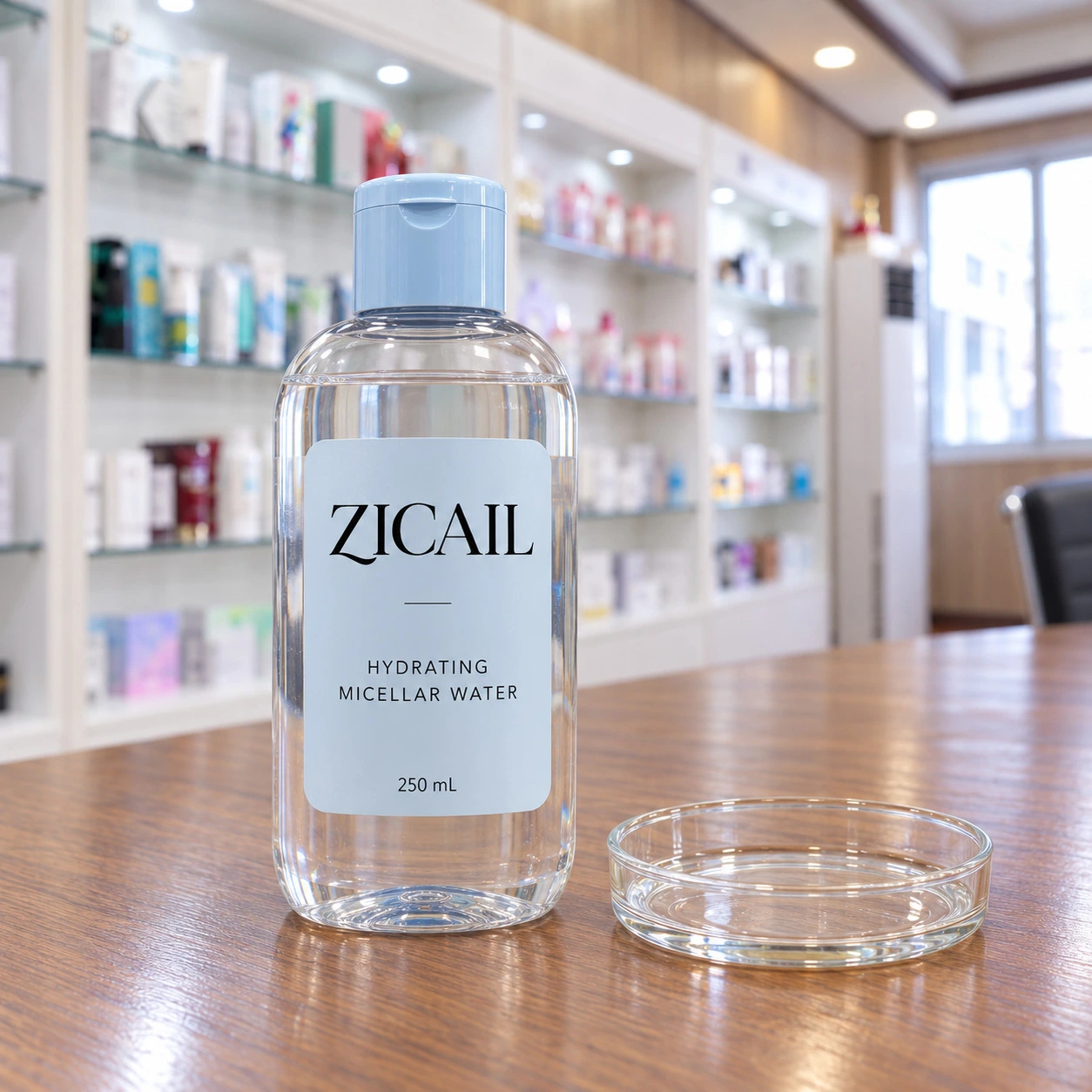 연한 블루 플립캡이 있는 투명 타원형 보틀의 ZICAIL 보습형 미셀라 워터